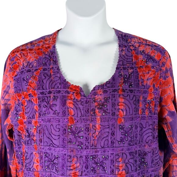 Krishma Top Women Plus Size Purple Red Tie Dye Embroidery Sequins Scalloped Trim - Picture 2 of 11